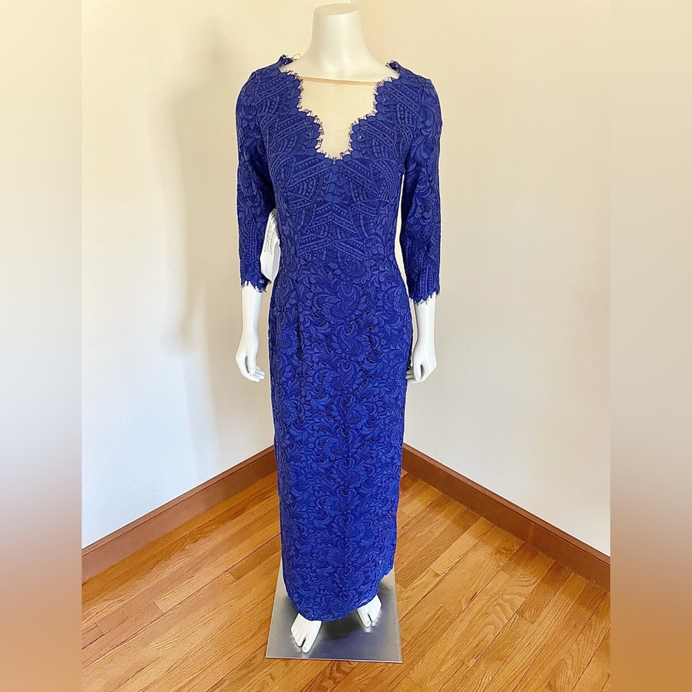 NWT JS COLLECTIONS Simone V-Neck Column Gown in Marine Blue